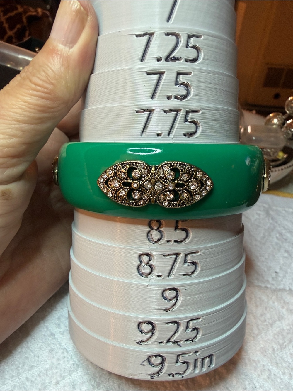 Premier Designs Emerald Green Resin Bangle with Gold Rhinestone Filigree